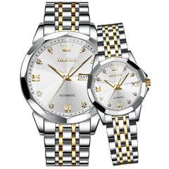 OLEVS Couple Watches 3D Diamond Cut Mirror Automatic Watch 9982 Steel Band for His and Hers-Two Tone White-Olevs Watch Store