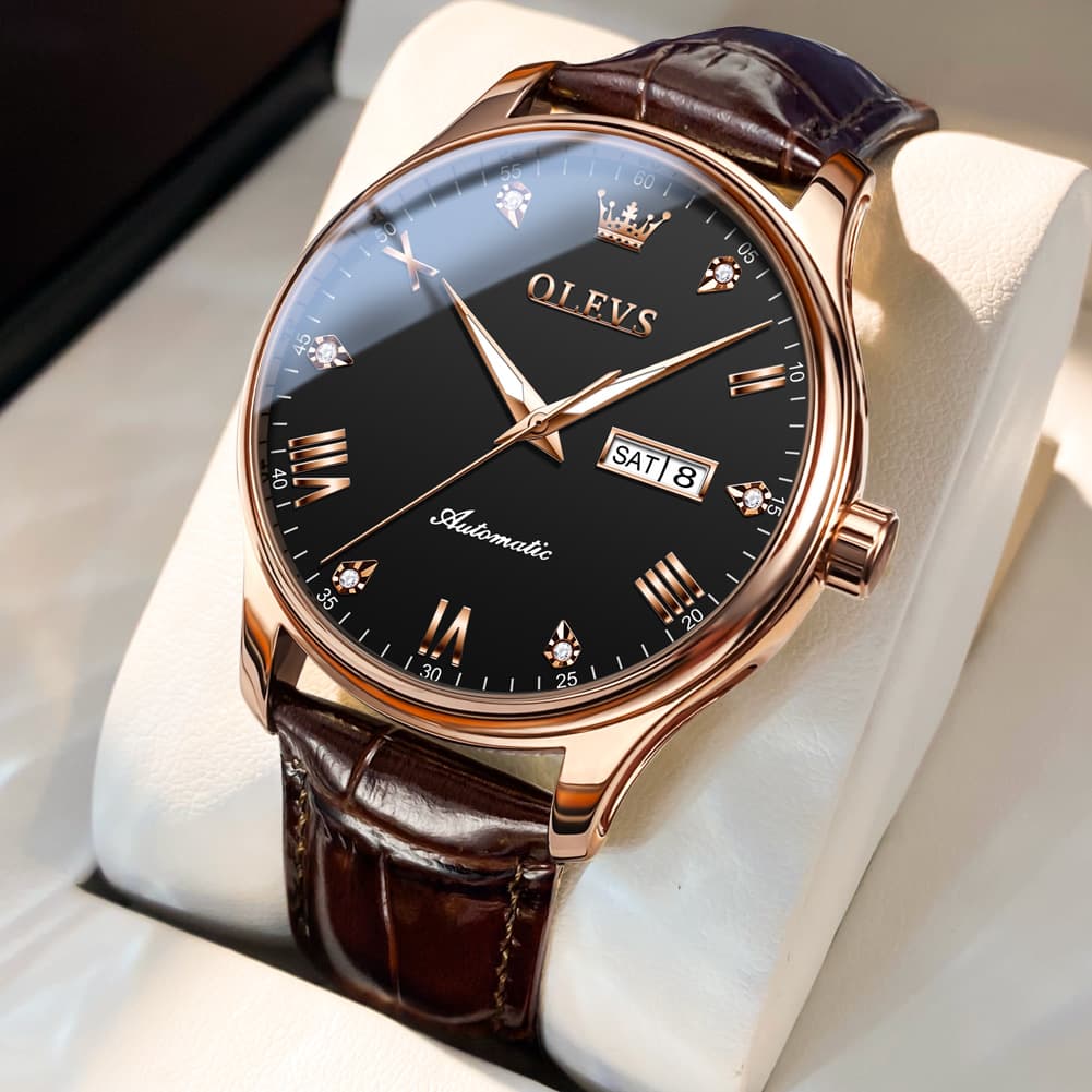 OLEVS Couple Watches Diamond Dial Automatic Mechanical Watch 9932 Leather Strap for His and Hers - Olevs Watch Store