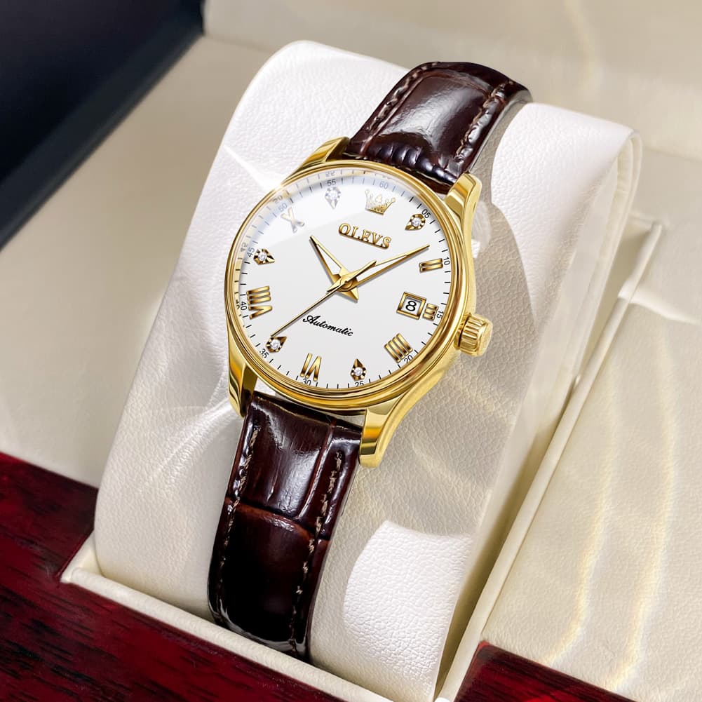 OLEVS Couple Watches Diamond Dial Automatic Mechanical Watch 9932 Leather Strap for His and Hers - Olevs Watch Store