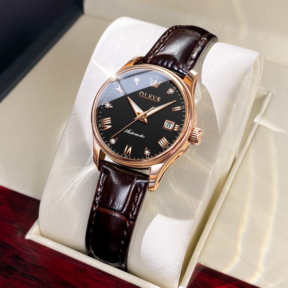 OLEVS Couple Watches Diamond Dial Automatic Mechanical Watch 9932 Leather Strap for His and Hers - Olevs Watch Store