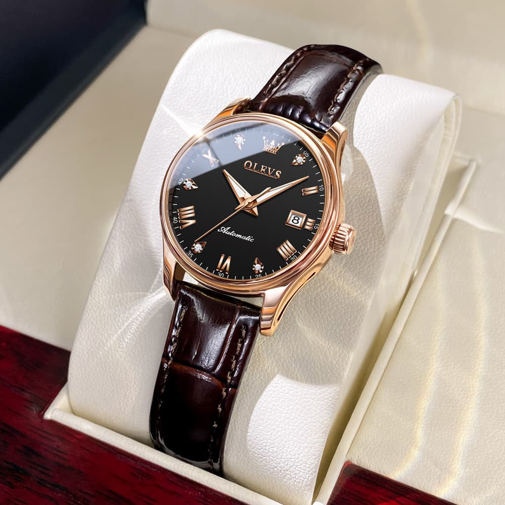 OLEVS Couple Watches Diamond Dial Automatic Mechanical Watch 9932 Leather Strap for His and Hers - Olevs Watch Store