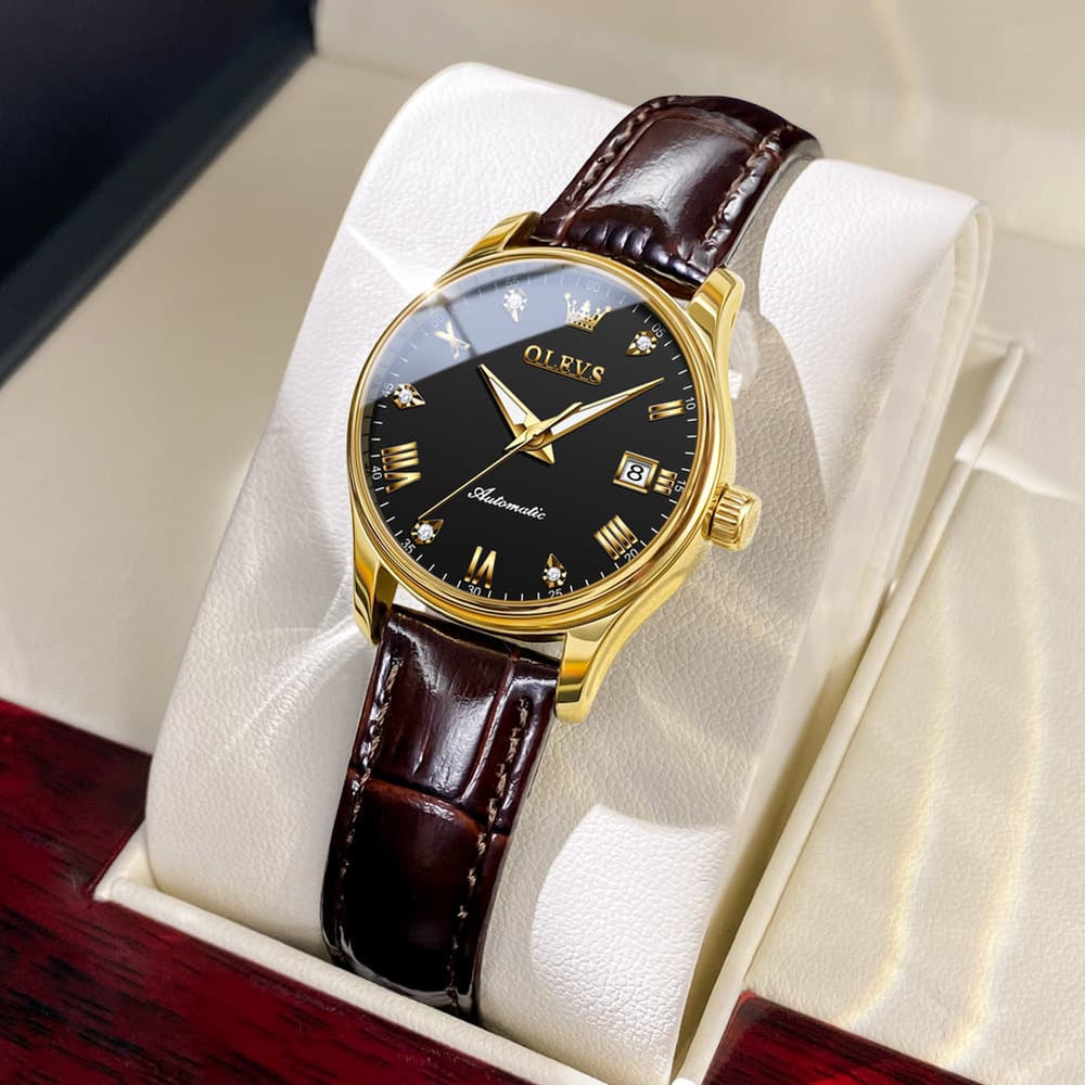 OLEVS Couple Watches Diamond Dial Automatic Mechanical Watch 9932 Leather Strap for His and Hers - Olevs Watch Store