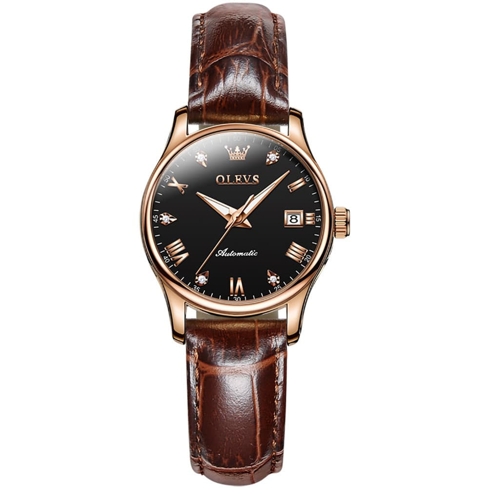 OLEVS Couple Watches Diamond Dial Automatic Mechanical Watch 9932 Leather Strap for His and Hers - Olevs Watch Store