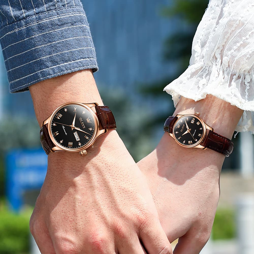 OLEVS Couple Watches Diamond Dial Automatic Mechanical Watch 9932 Leather Strap for His and Hers - Olevs Watch Store