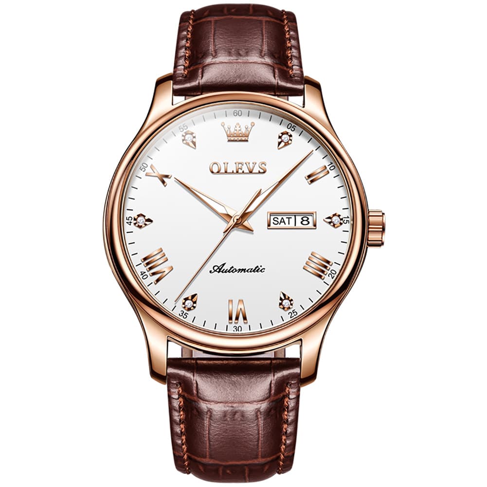 OLEVS Couple Watches Diamond Dial Automatic Mechanical Watch 9932 Leather Strap for His and Hers - Olevs Watch Store
