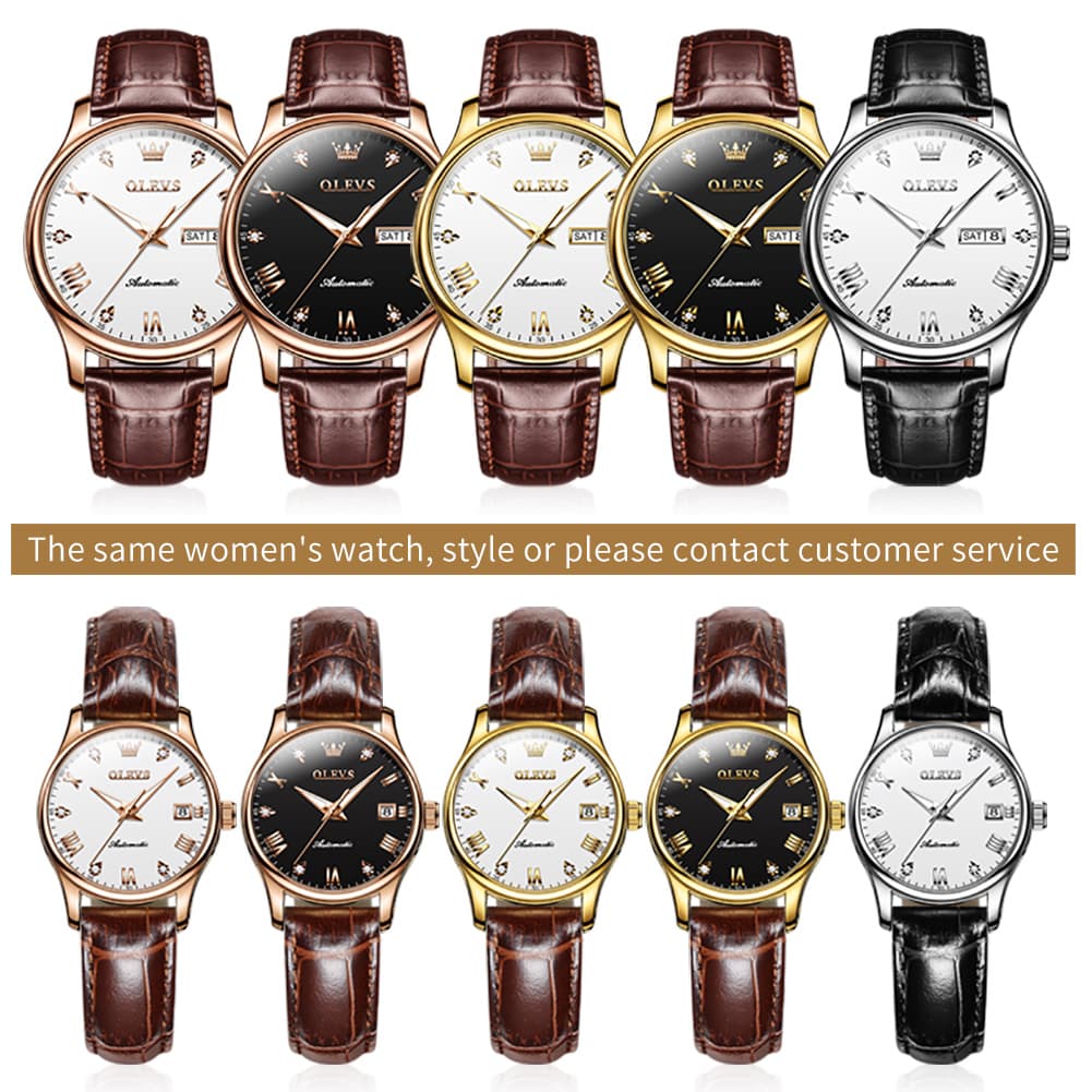 OLEVS Couple Watches Diamond Dial Automatic Mechanical Watch 9932 Leather Strap for His and Hers - Olevs Watch Store
