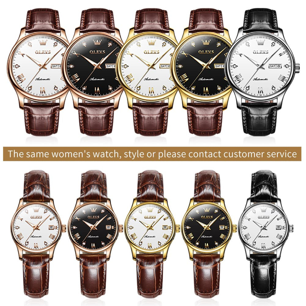 OLEVS Couple Watches Diamond Dial Automatic Mechanical Watch 9932 Leather Strap for His and Hers - Olevs Watch Store