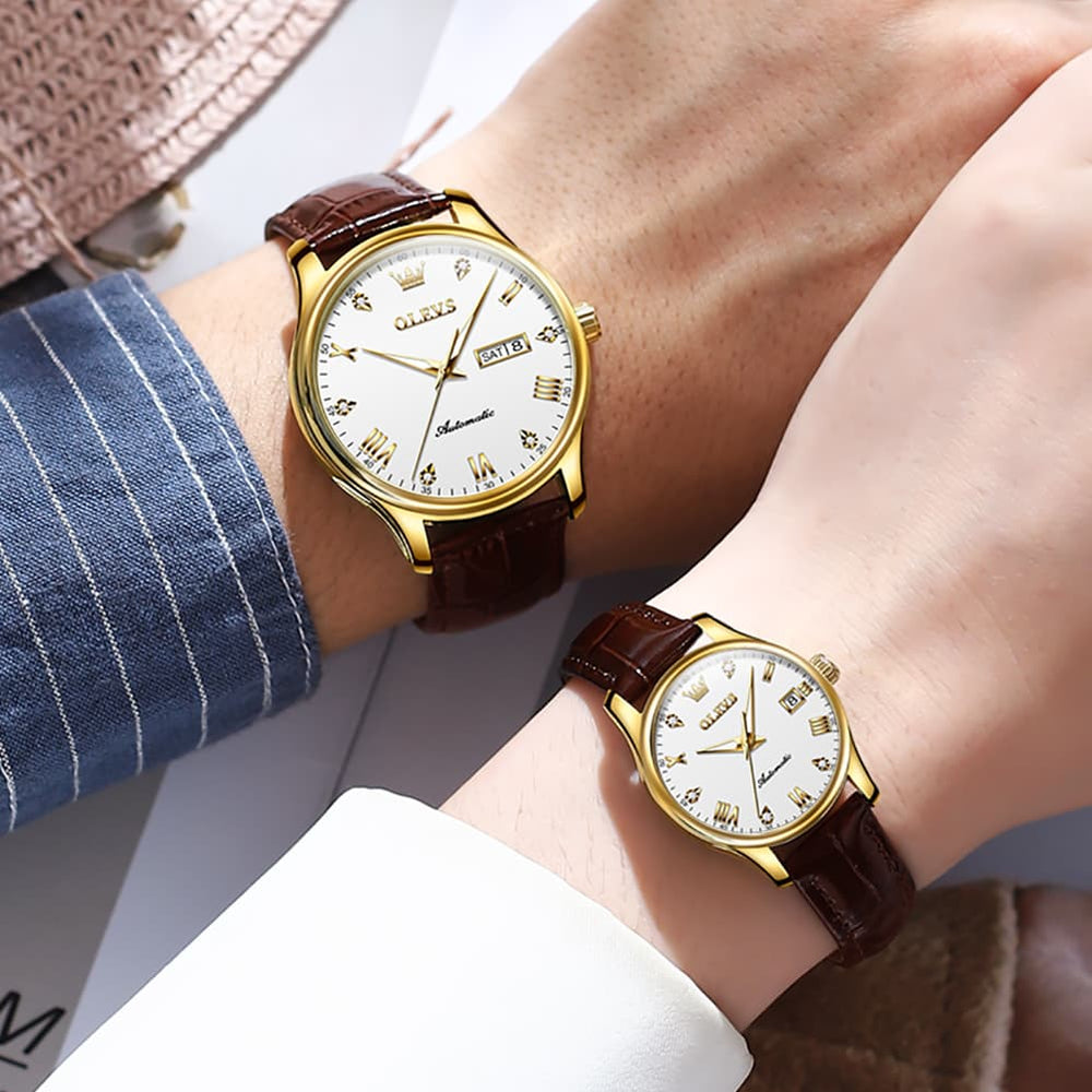 OLEVS Couple Watches Diamond Dial Automatic Mechanical Watch 9932 Leather Strap for His and Hers - Olevs Watch Store