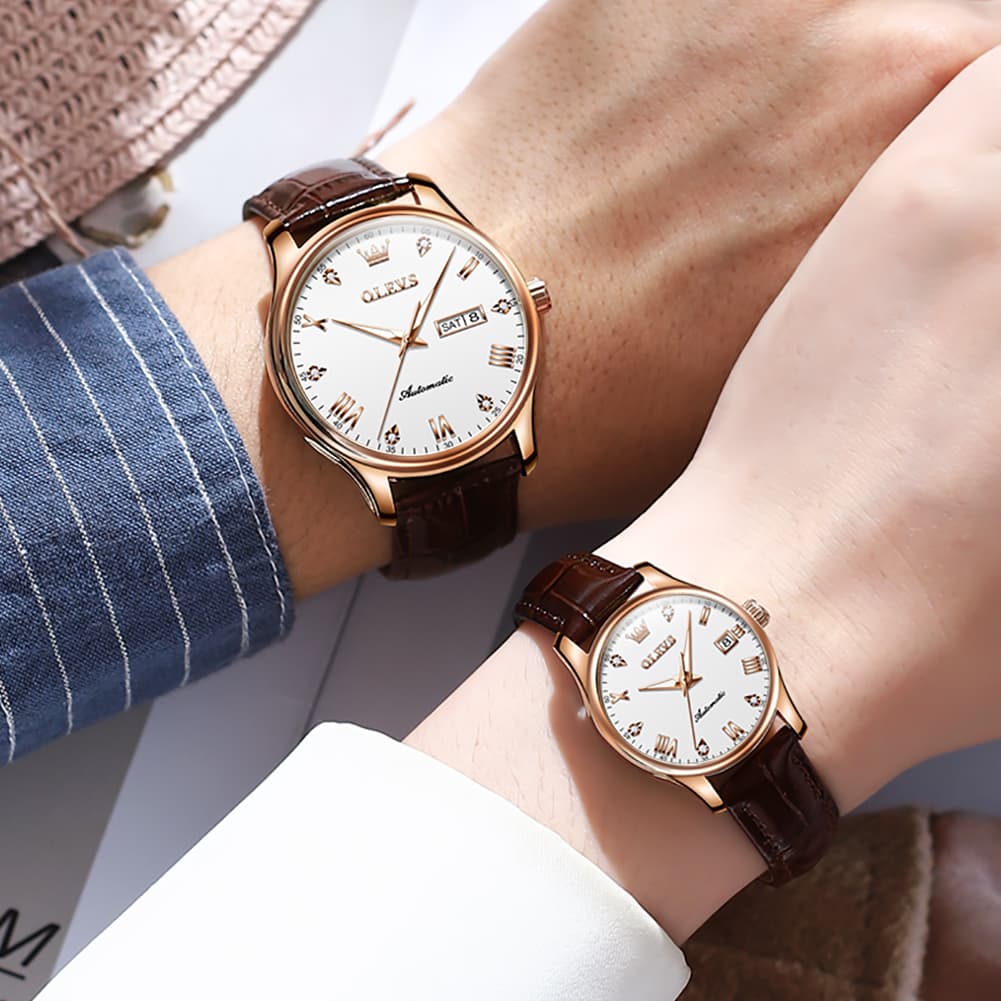 OLEVS Couple Watches Diamond Dial Automatic Mechanical Watch 9932 Leather Strap for His and Hers - Olevs Watch Store