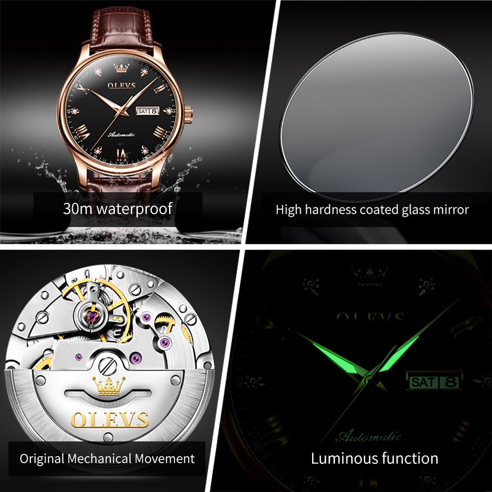 OLEVS Couple Watches Diamond Dial Automatic Mechanical Watch 9932 Leather Strap for His and Hers - Olevs Watch Store