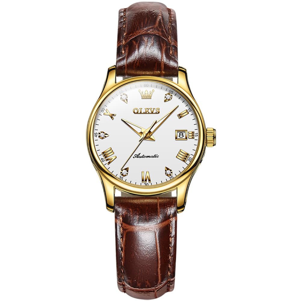 OLEVS Couple Watches Diamond Dial Automatic Mechanical Watch 9932 Leather Strap for His and Hers - Olevs Watch Store