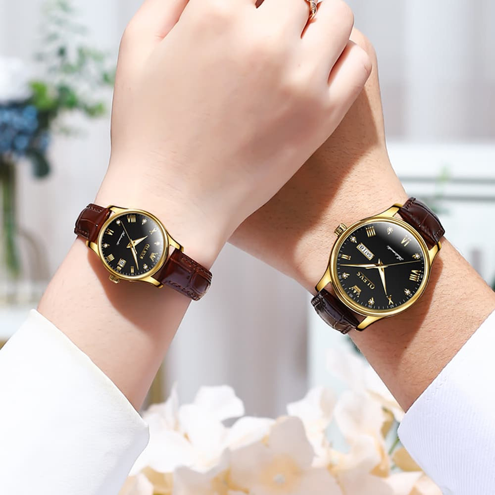 OLEVS Couple Watches Diamond Dial Automatic Mechanical Watch 9932 Leather Strap for His and Hers - Olevs Watch Store