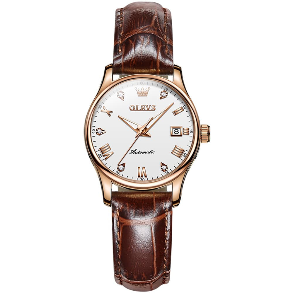 OLEVS Couple Watches Diamond Dial Automatic Mechanical Watch 9932 Leather Strap for His and Hers - Olevs Watch Store