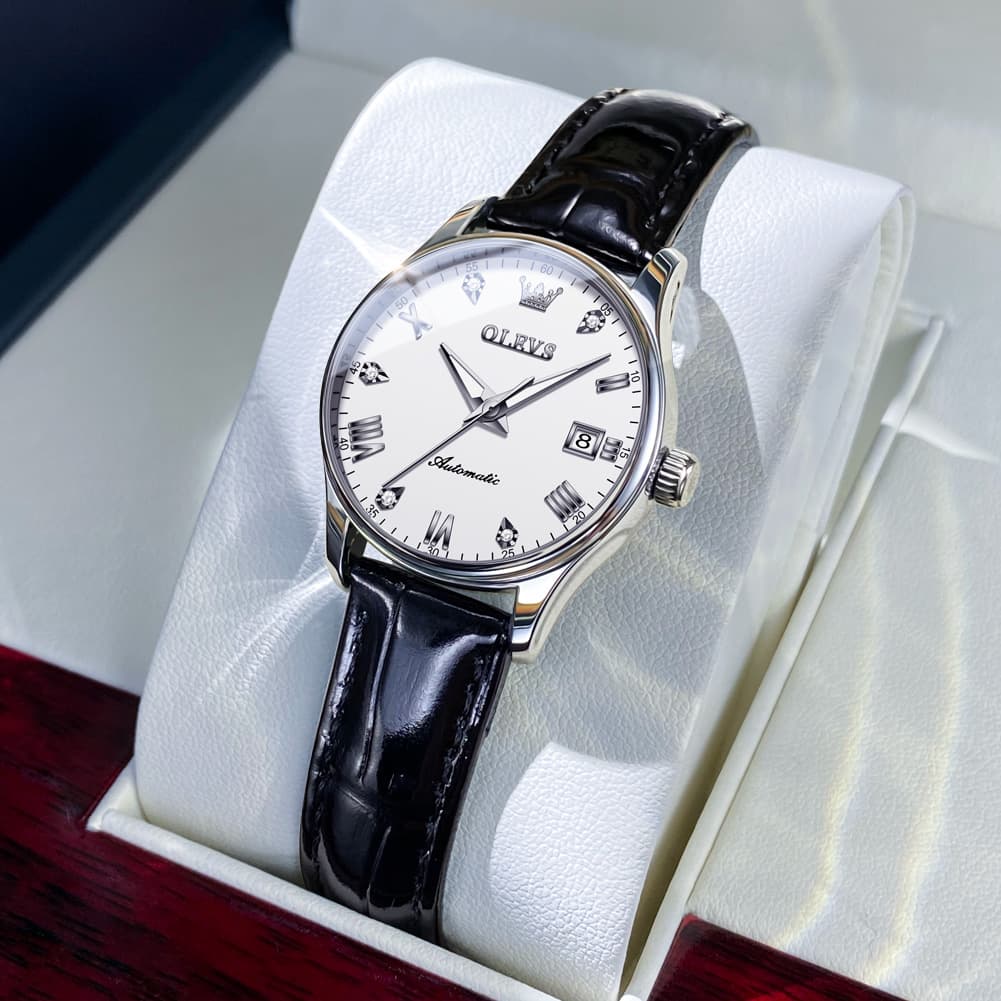 OLEVS Couple Watches Diamond Dial Automatic Mechanical Watch 9932 Leather Strap for His and Hers - Olevs Watch Store