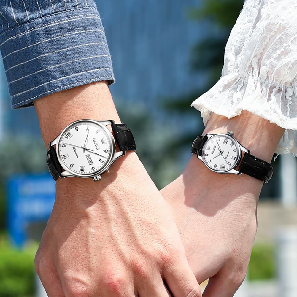 OLEVS Couple Watches Diamond Dial Automatic Mechanical Watch 9932 Leather Strap for His and Hers - Olevs Watch Store
