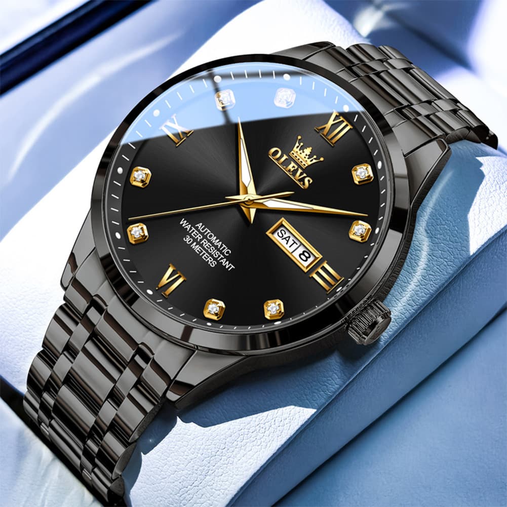 OLEVS Couple Watches Diamond Dial Automatic Mechanical Watch 9946 Steel Band for His and Hers - Men All Black (42mm) Watch