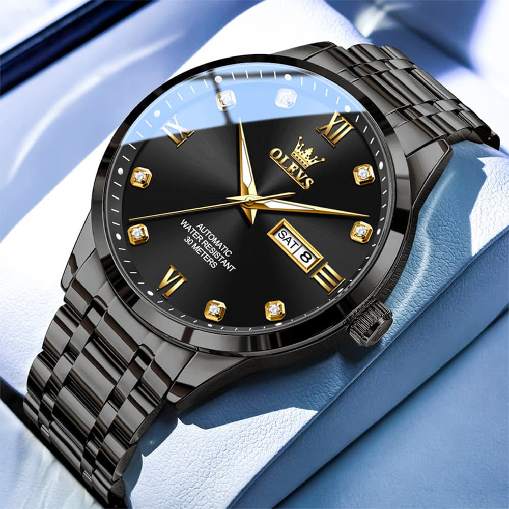 OLEVS Couple Watches Diamond Dial Automatic Mechanical Watch 9946 Steel Band for His and Hers - Men All Black (42mm) Watch