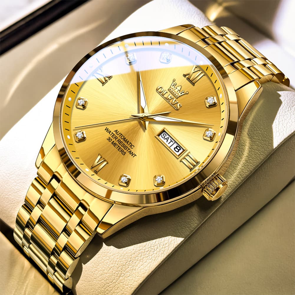 OLEVS Couple Watches Diamond Dial Automatic Mechanical Watch 9946 Steel Band for His and Hers - Men All Gold (42mm) Watch