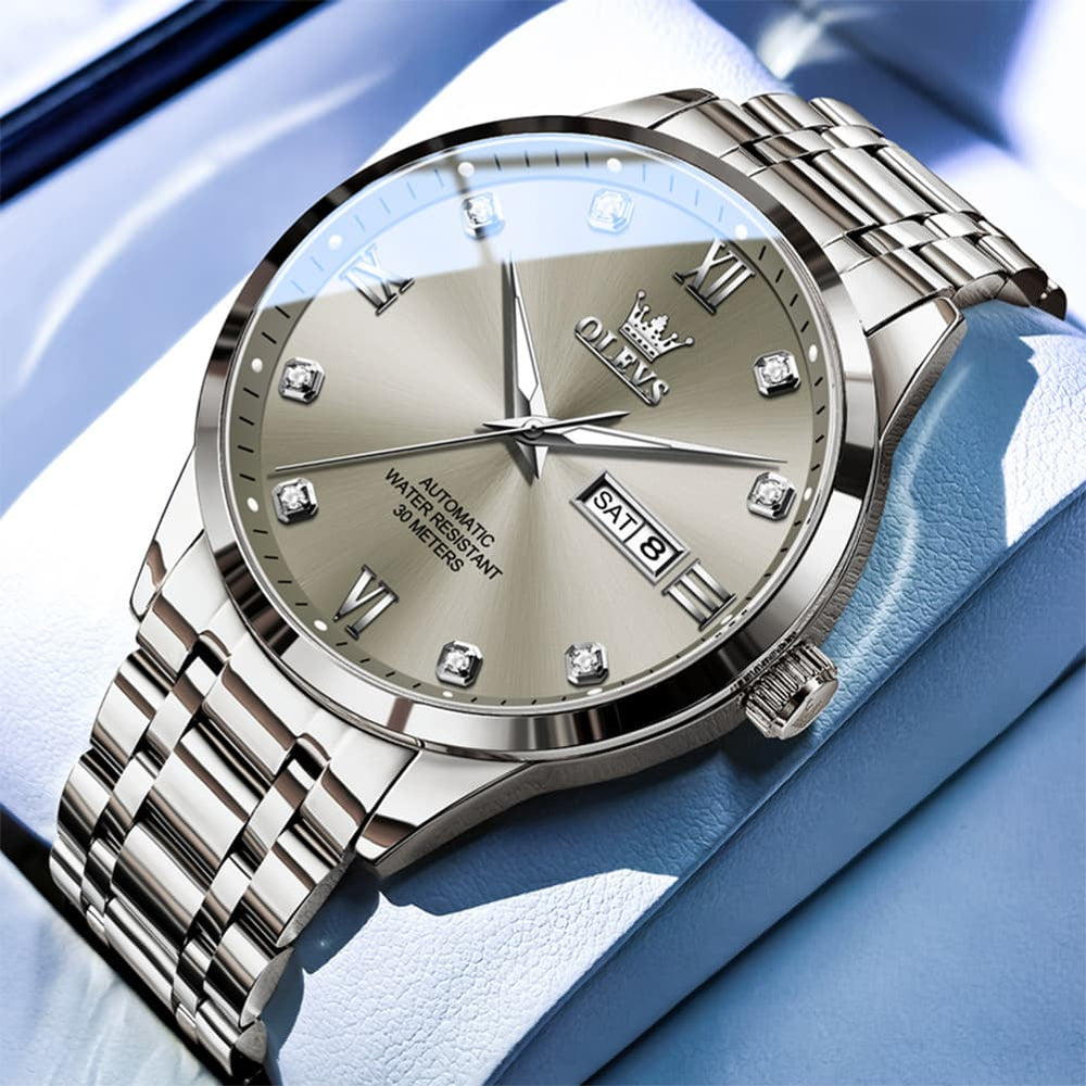 OLEVS Couple Watches Diamond Dial Automatic Mechanical Watch 9946 Steel Band for His and Hers - Men Silver Grey (42mm) Watch