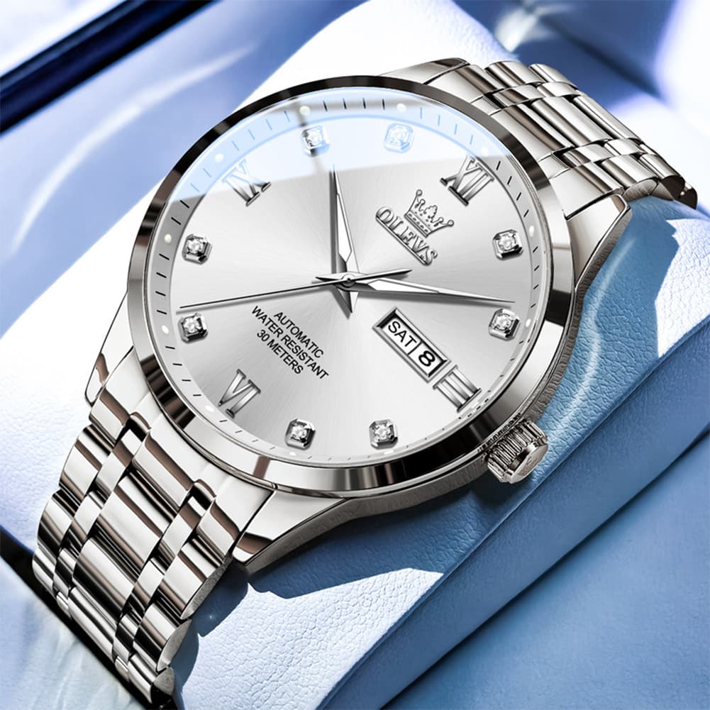 OLEVS Couple Watches Diamond Dial Automatic Mechanical Watch 9946 Steel Band for His and Hers - Men Silver White (42mm) Watch