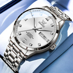 OLEVS Couple Watches Diamond Dial Automatic Mechanical Watch 9946 Steel Band for His and Hers - Men Silver White (42mm) Watch