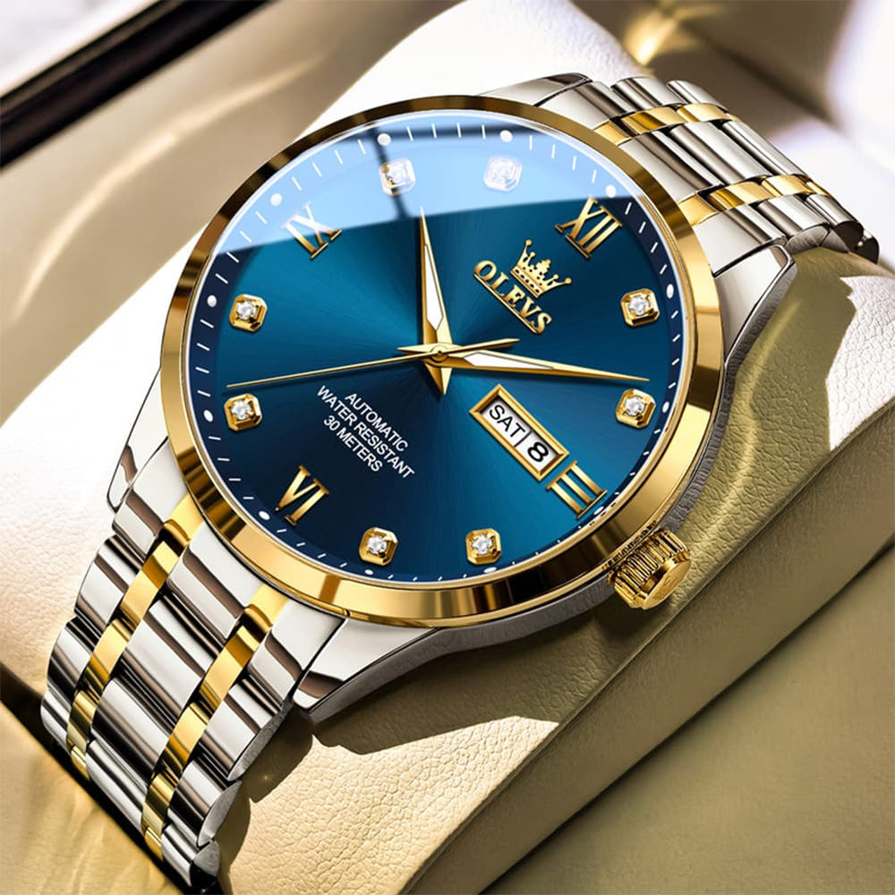 OLEVS Couple Watches Diamond Dial Automatic Mechanical Watch 9946 Steel Band for His and Hers - Men Two Tone Blue 42mm Watch