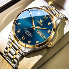 OLEVS Couple Watches Diamond Dial Automatic Mechanical Watch 9946 Steel Band for His and Hers - Men Two Tone Blue 42mm Watch