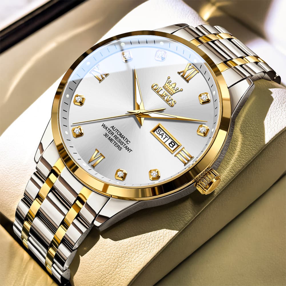 OLEVS Couple Watches Diamond Dial Automatic Mechanical Watch 9946 Steel Band for His and Hers - Men Two Tone White 42mm Watch