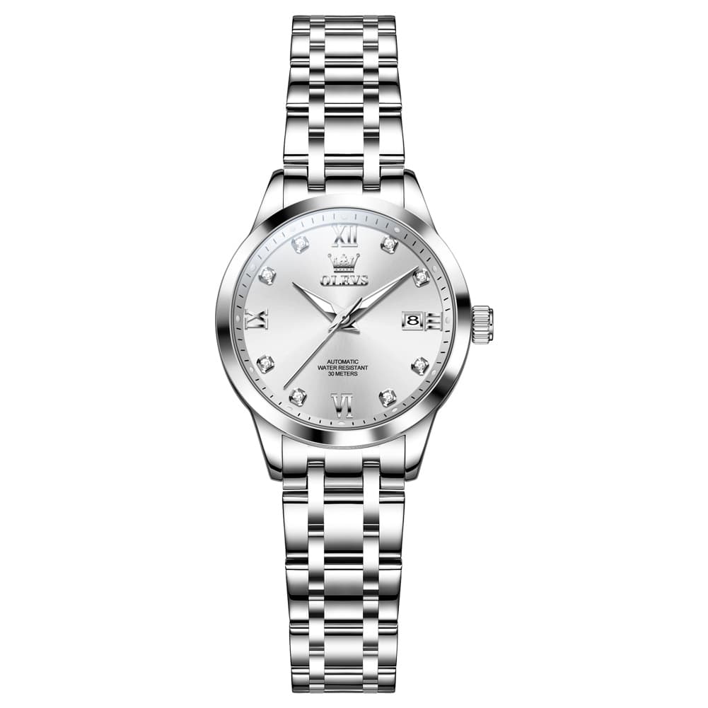 OLEVS Couple Watches Diamond Dial Automatic Mechanical Watch 9946 Steel Band for His and Hers - Women All Black (30mm) Watch