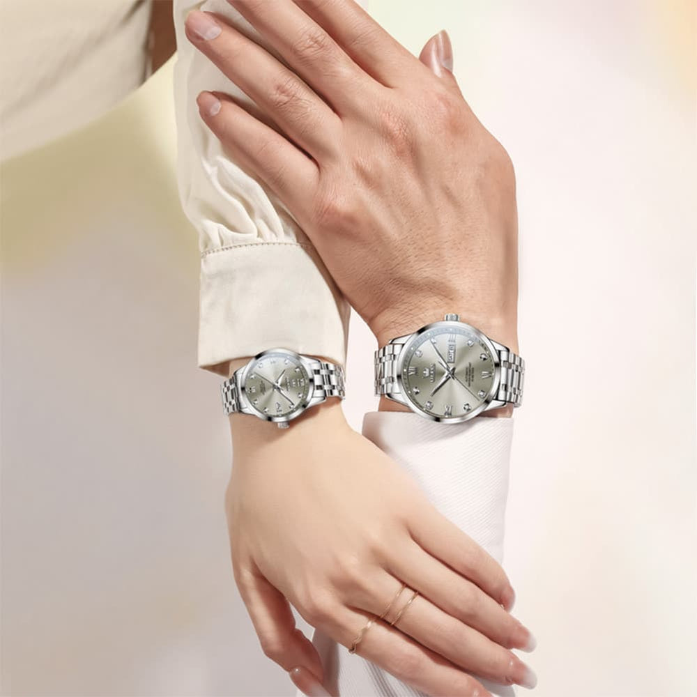 OLEVS Couple Watches Diamond Dial Automatic Mechanical Watch 9946 Steel Band for His and Hers - Women All Black (30mm) Watch