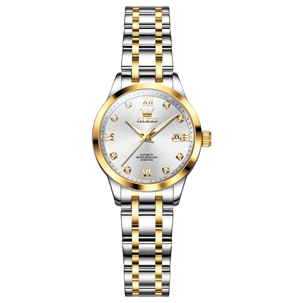OLEVS Couple Watches Diamond Dial Automatic Mechanical Watch 9946 Steel Band for His and Hers - Women All Black (30mm) Watch