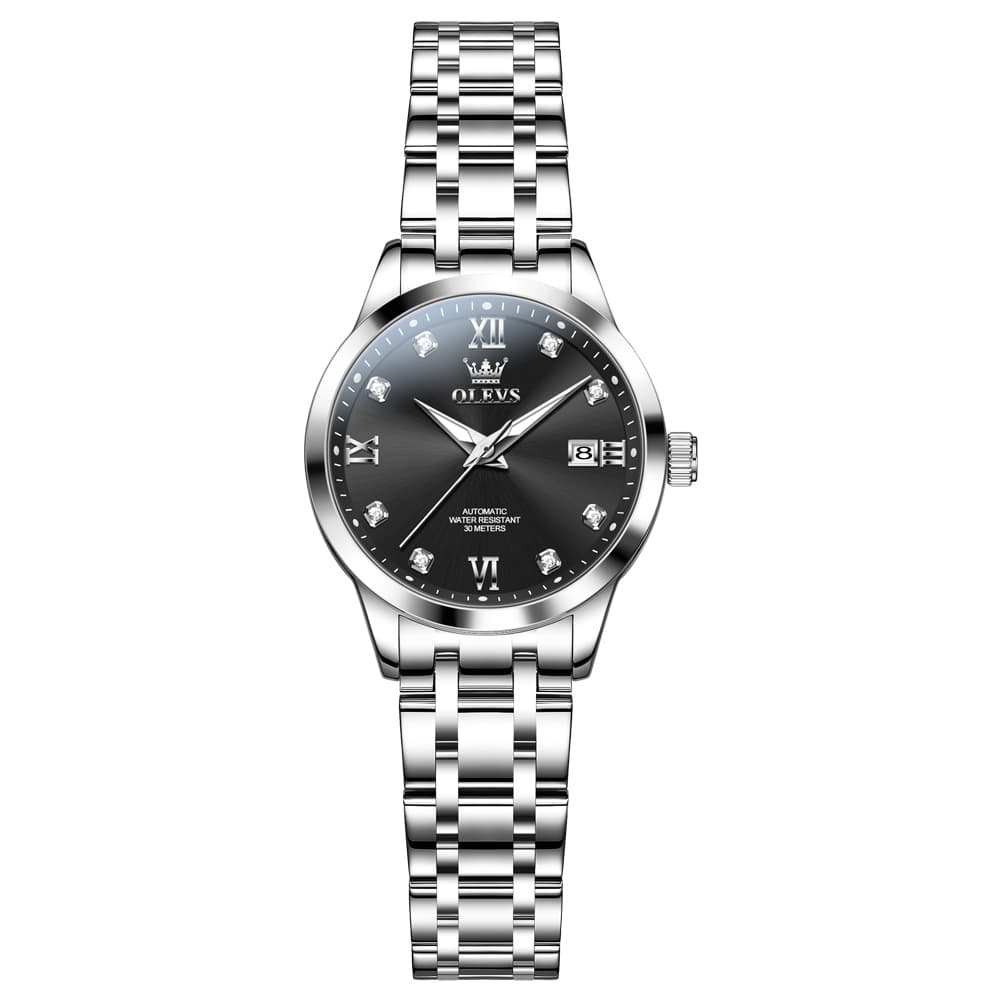 OLEVS Couple Watches Diamond Dial Automatic Mechanical Watch 9946 Steel Band for His and Hers - Women All Black (30mm) Watch