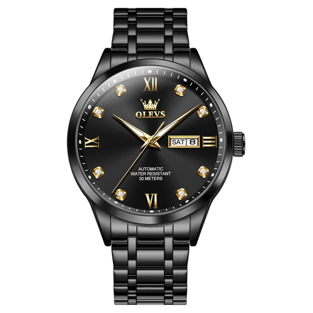 OLEVS Couple Watches Diamond Dial Automatic Mechanical Watch 9946 Steel Band for His and Hers - Women All Black (30mm) Watch