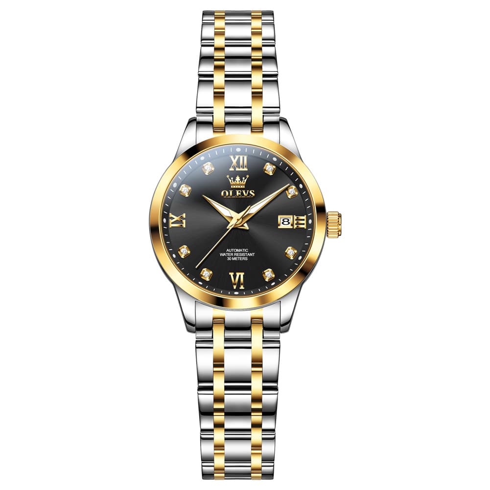 OLEVS Couple Watches Diamond Dial Automatic Mechanical Watch 9946 Steel Band for His and Hers - Women All Black (30mm) Watch