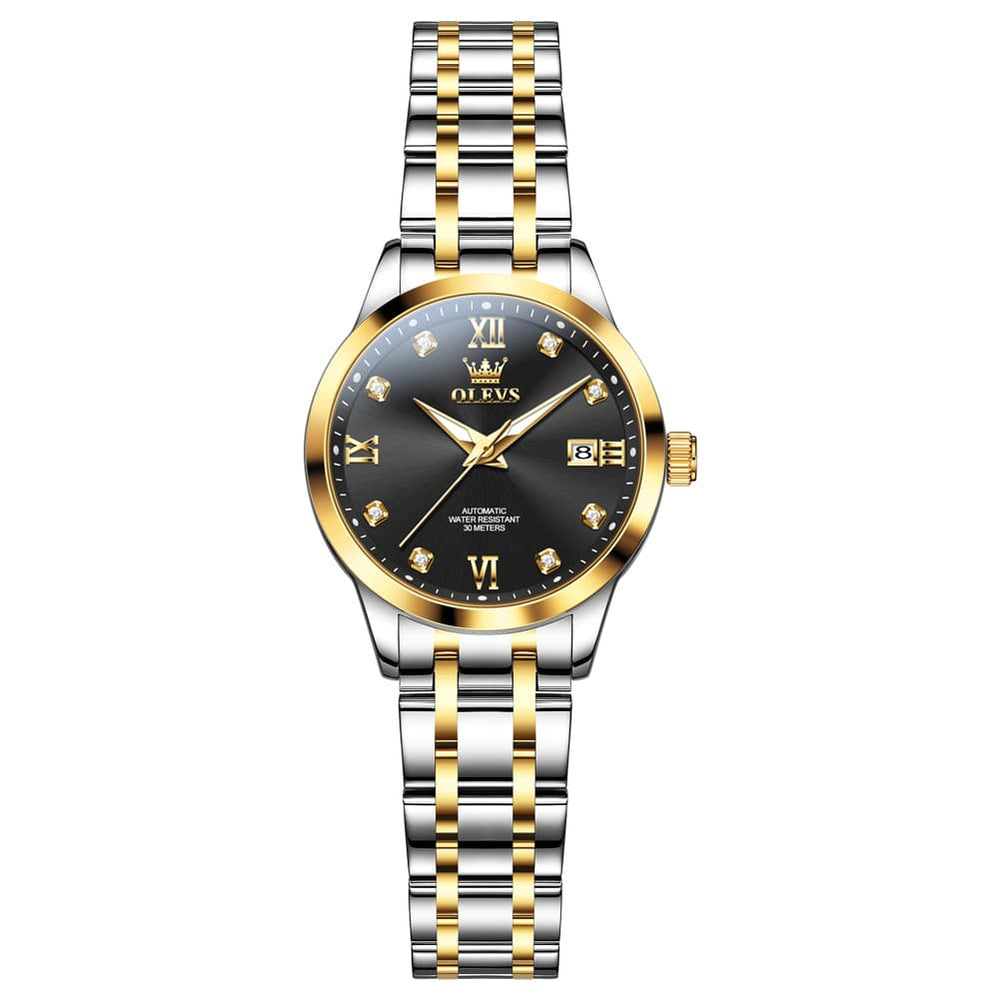 OLEVS Couple Watches Diamond Dial Automatic Mechanical Watch 9946 Steel Band for His and Hers - Women All Black (30mm) Watch