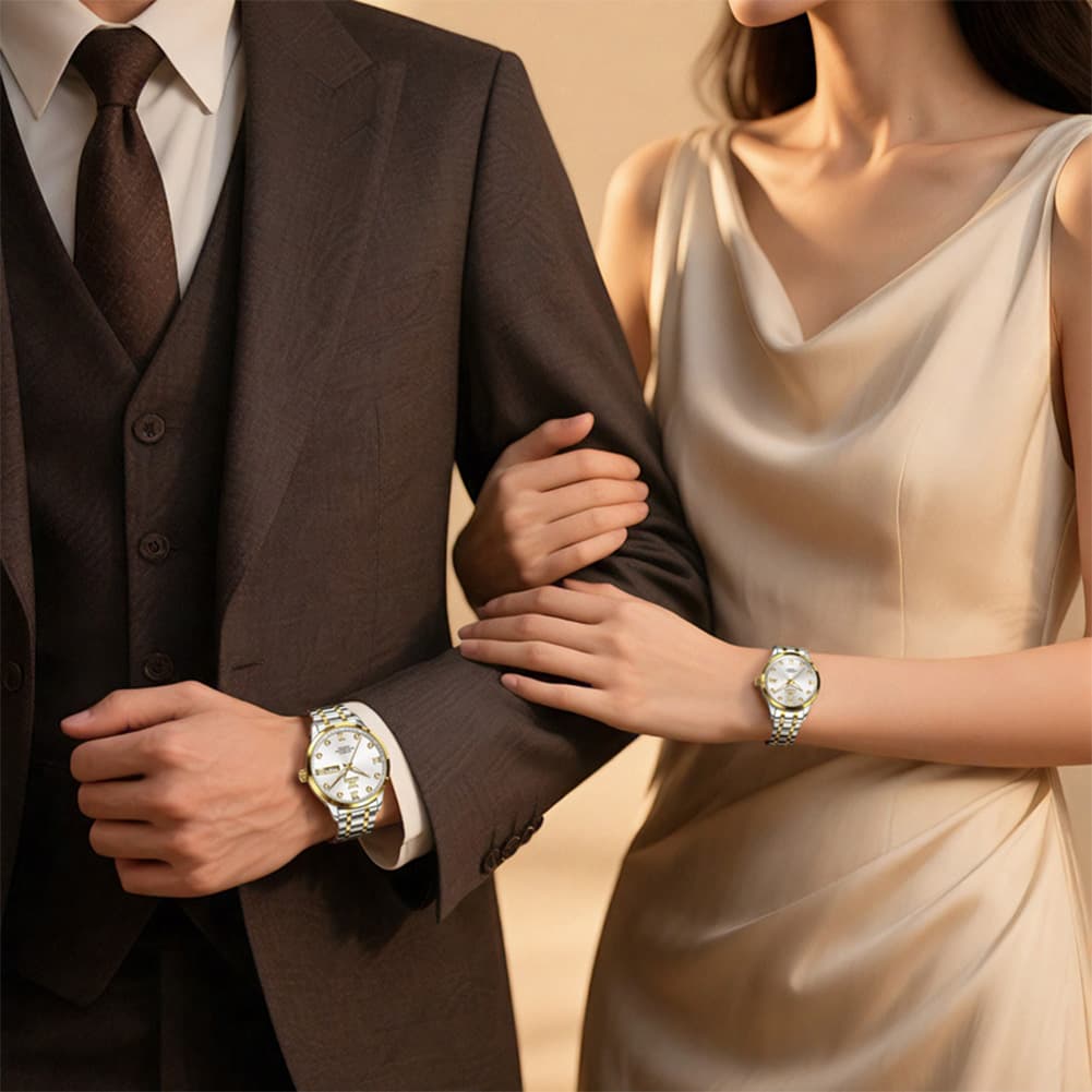 OLEVS Couple Watches Diamond Dial Automatic Mechanical Watch 9946 Steel Band for His and Hers - Women All Black (30mm) Watch