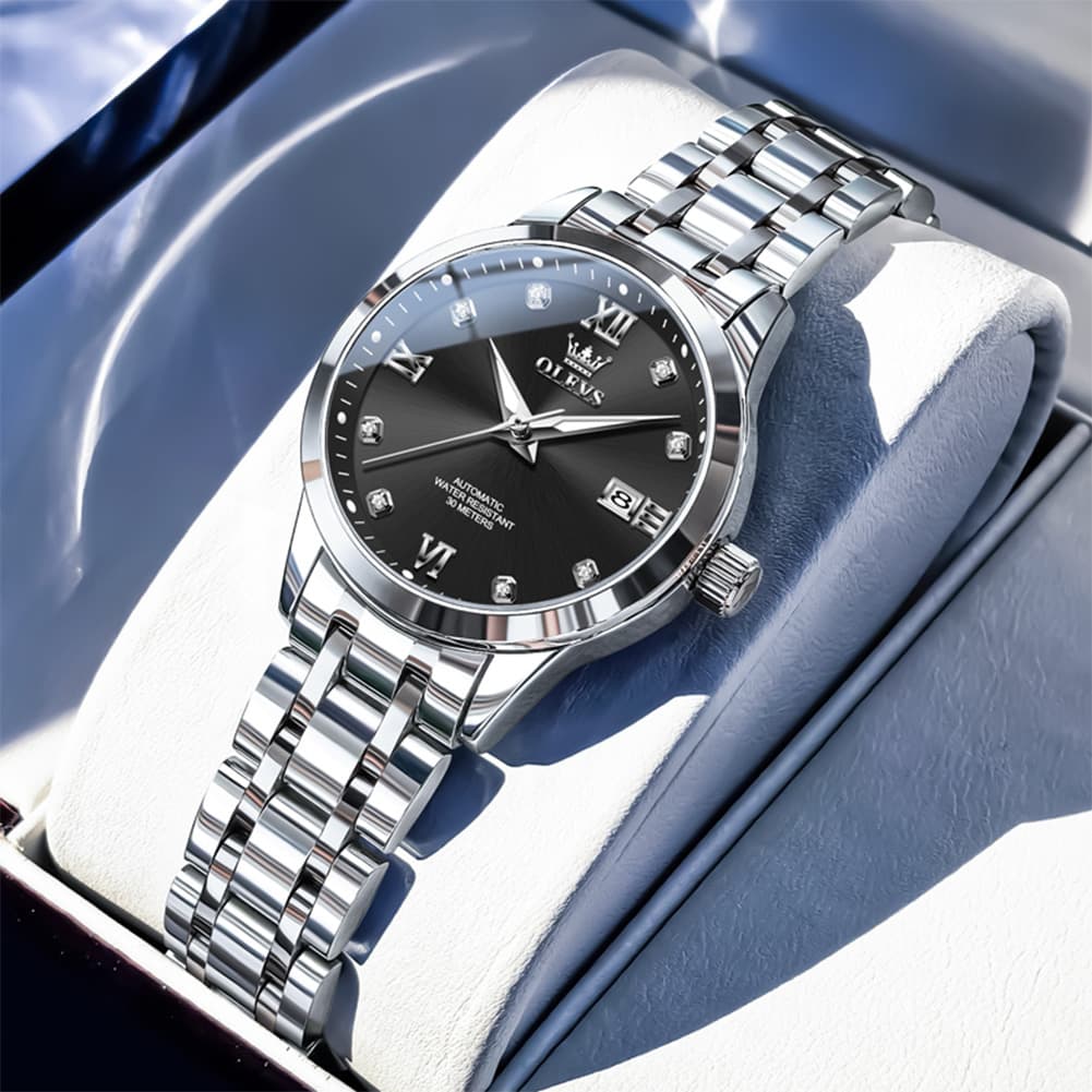 OLEVS Couple Watches Diamond Dial Automatic Mechanical Watch 9946 Steel Band for His and Hers - Women All Black (30mm) Watch