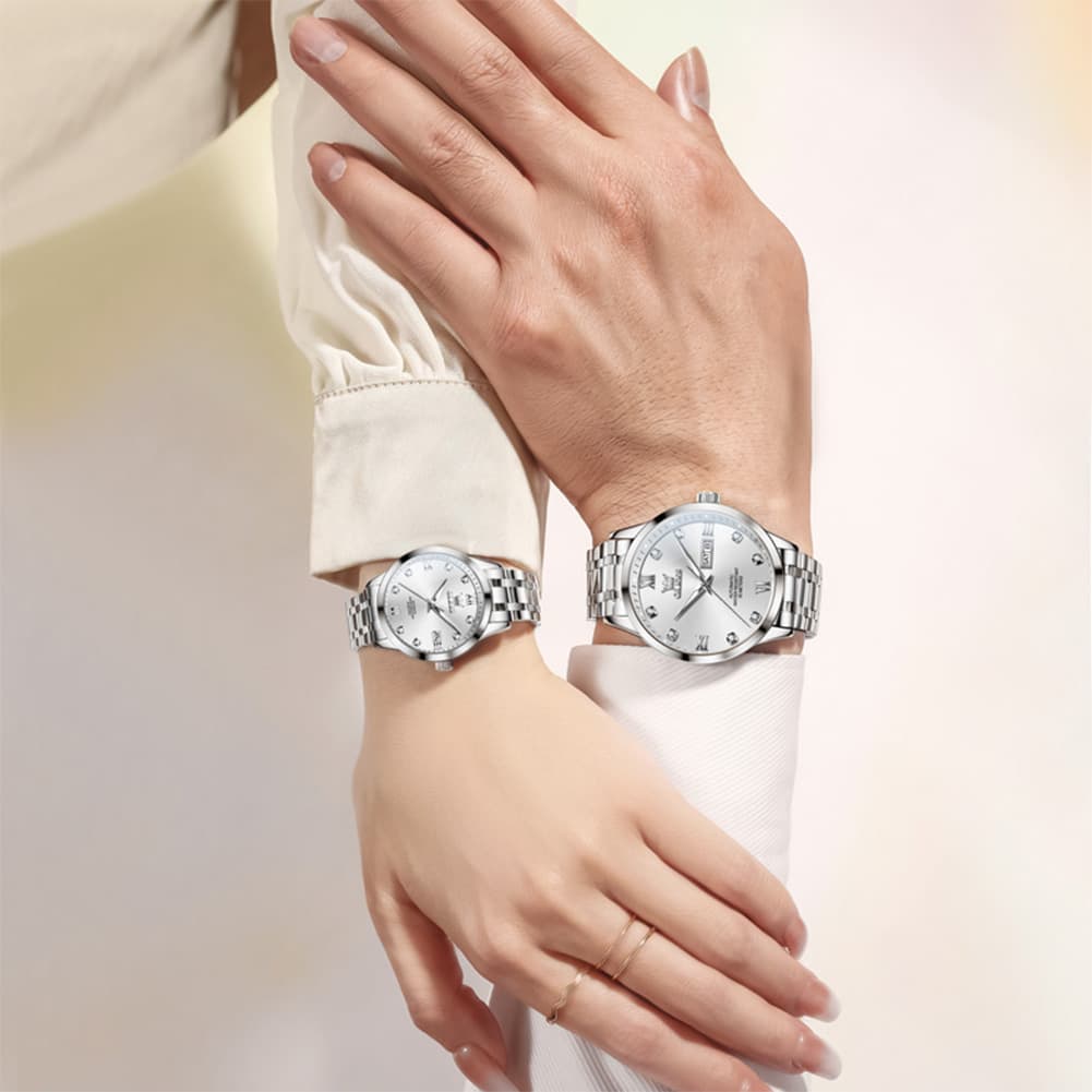 OLEVS Couple Watches Diamond Dial Automatic Mechanical Watch 9946 Steel Band for His and Hers - Women All Black (30mm) Watch