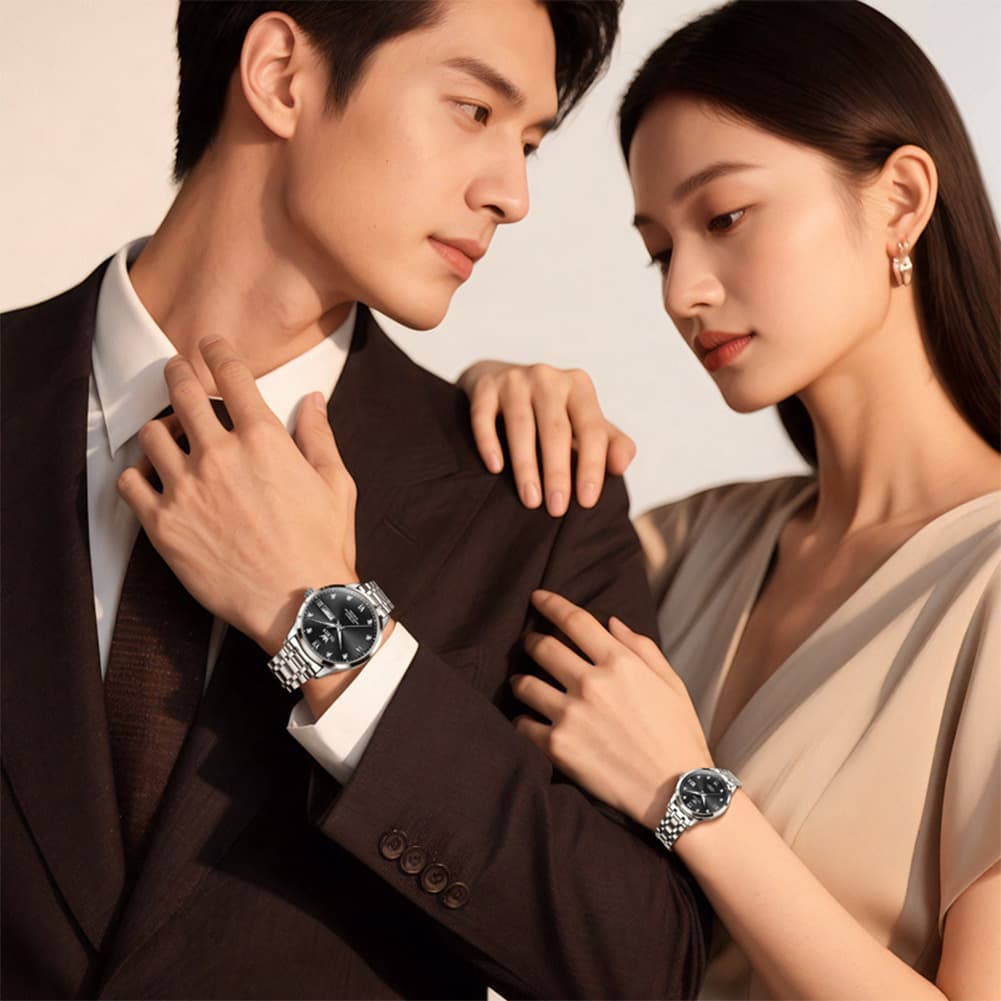 OLEVS Couple Watches Diamond Dial Automatic Mechanical Watch 9946 Steel Band for His and Hers - Women All Black (30mm) Watch
