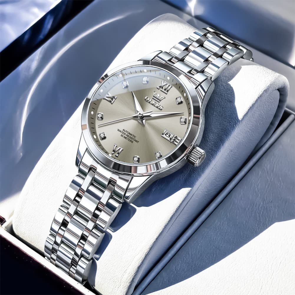 OLEVS Couple Watches Diamond Dial Automatic Mechanical Watch 9946 Steel Band for His and Hers - Women Silver Grey 30mm Watch