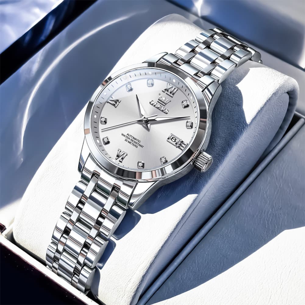 OLEVS Couple Watches Diamond Dial Automatic Mechanical Watch 9946 Steel Band for His and Hers - Women Silver White 30mm Watch