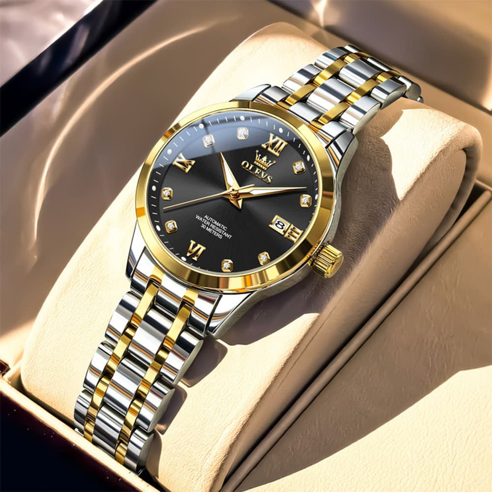 OLEVS Couple Watches Diamond Dial Automatic Mechanical Watch 9946 Steel Band for His and Hers - Women Two Tone Black (30mm)