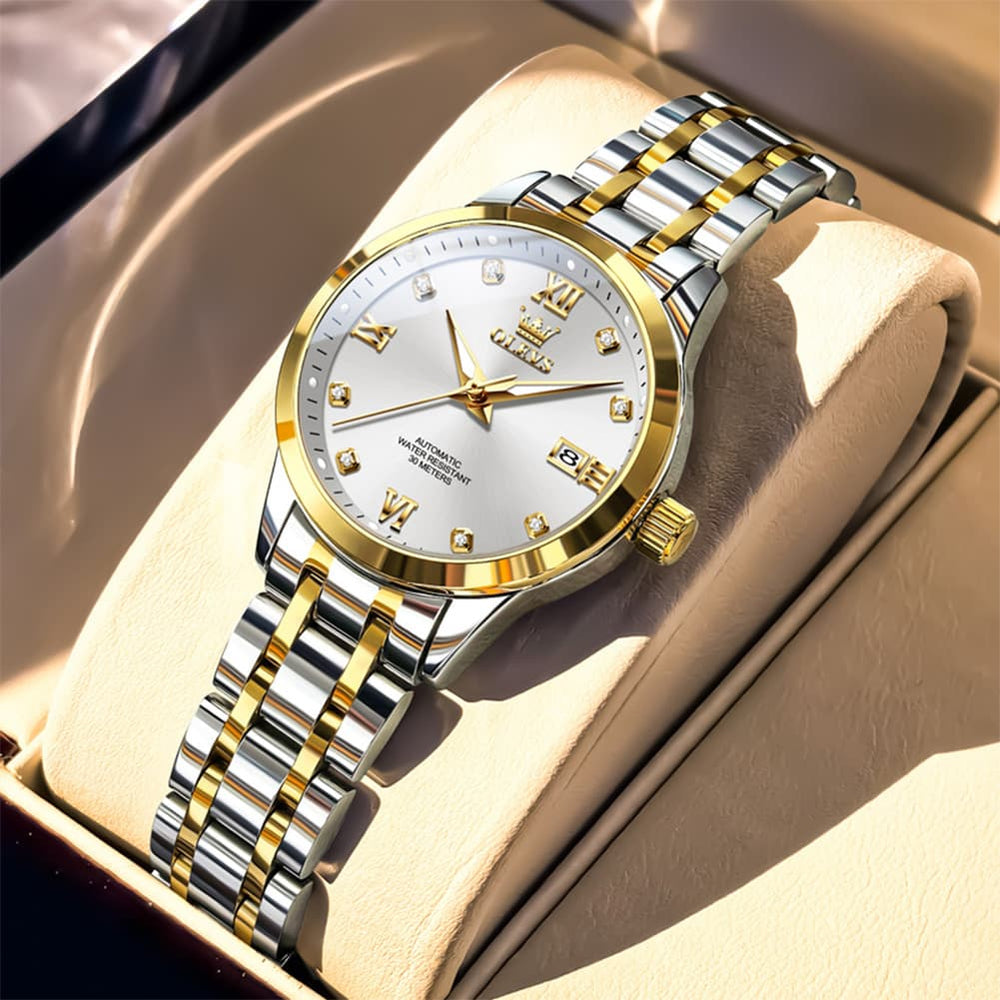 OLEVS Couple Watches Diamond Dial Automatic Mechanical Watch 9946 Steel Band for His and Hers - Women Two Tone White (30mm)