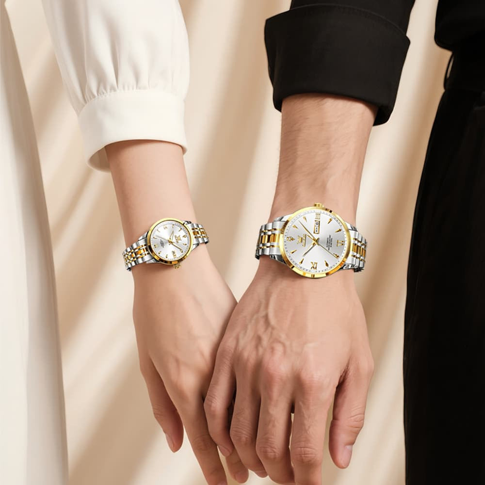 OLEVS Couple Watches Diamond Dial Automatic Mechanical Watch 9956 Steel Band for His and Hers - All Black Watch