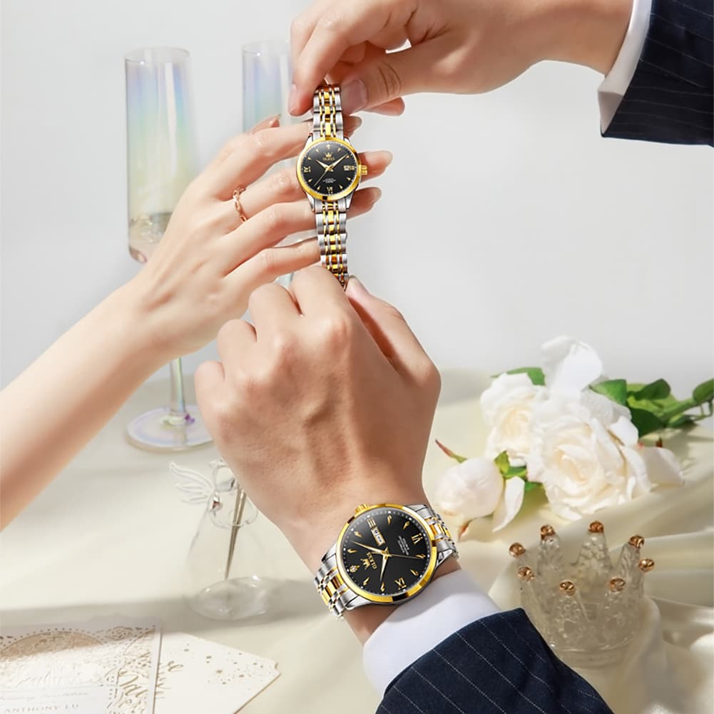 OLEVS Couple Watches Diamond Dial Automatic Mechanical Watch 9956 Steel Band for His and Hers - All Black Watch