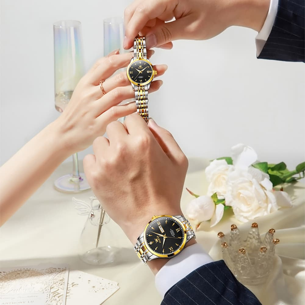 OLEVS Couple Watches Diamond Dial Automatic Mechanical Watch 9956 Steel Band for His and Hers - All Black Watch