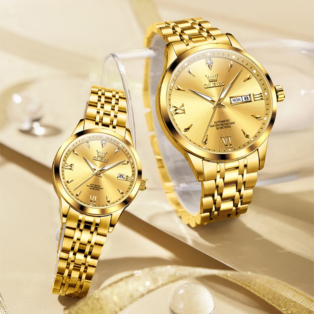 OLEVS Couple Watches Diamond Dial Automatic Mechanical Watch 9956 Steel Band for His and Hers - All Black Watch