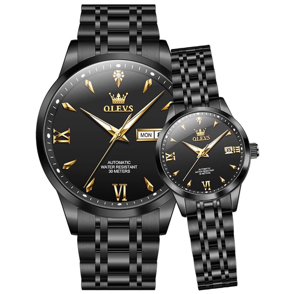 OLEVS Couple Watches Diamond Dial Automatic Mechanical Watch 9956 Steel Band for His and Hers - All Black Watch