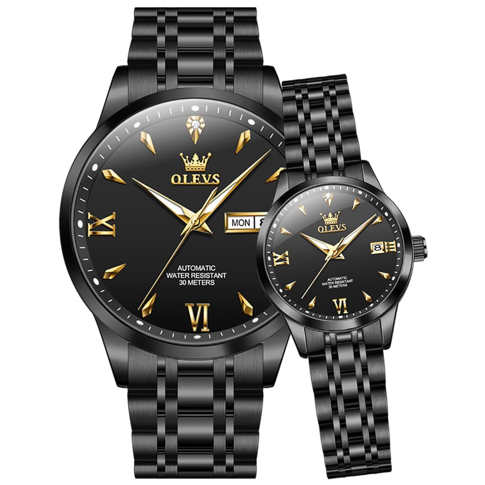 OLEVS Couple Watches Diamond Dial Automatic Mechanical Watch 9956 Steel Band for His and Hers - All Black Watch