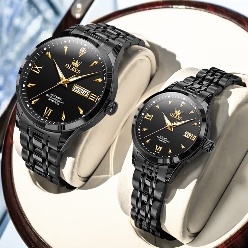 OLEVS Couple Watches Diamond Dial Automatic Mechanical Watch 9956 Steel Band for His and Hers - All Black Watch